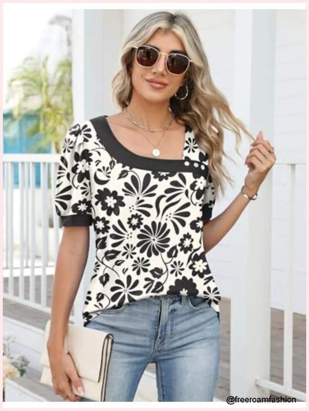 Asymmetrical Square Neck T-Shirt with Button Front - Short Sleeve Blouse